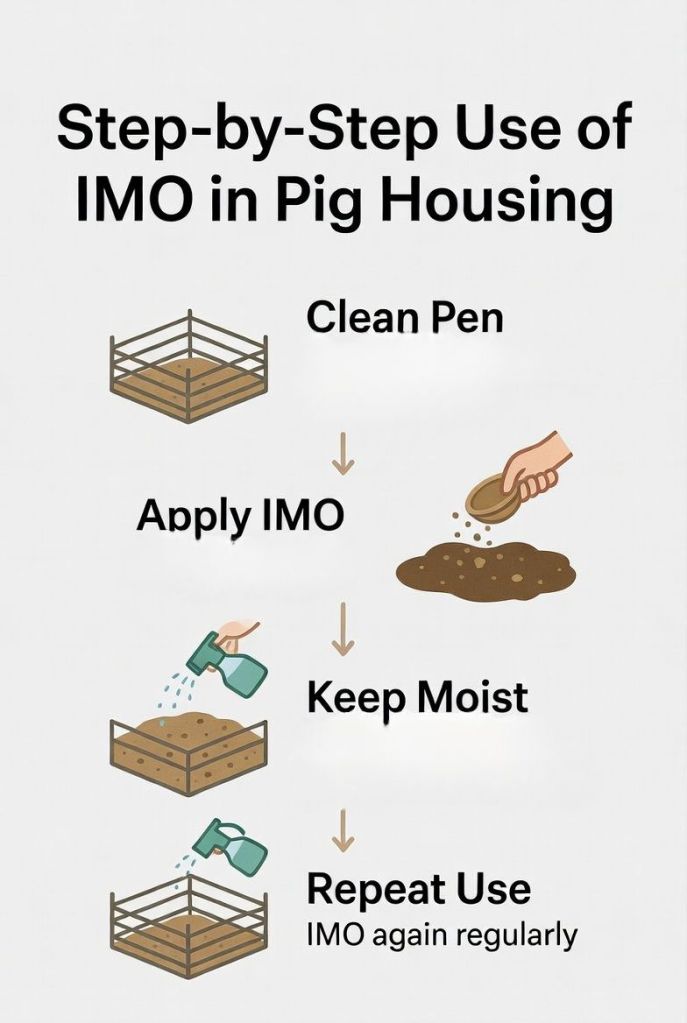 step by step guide showing how to use indigenous microorganisms in pig housing including cleaning applying and maintaining moisture