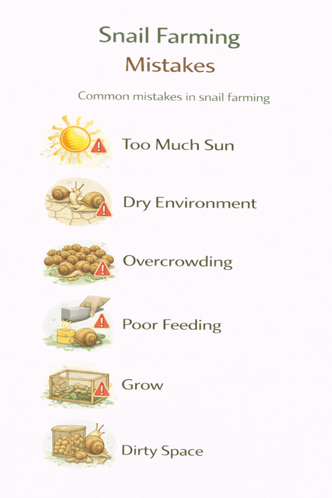 common mistakes in snail farming including too much sunlight dry environment overcrowding poor feeding and dirty conditions
