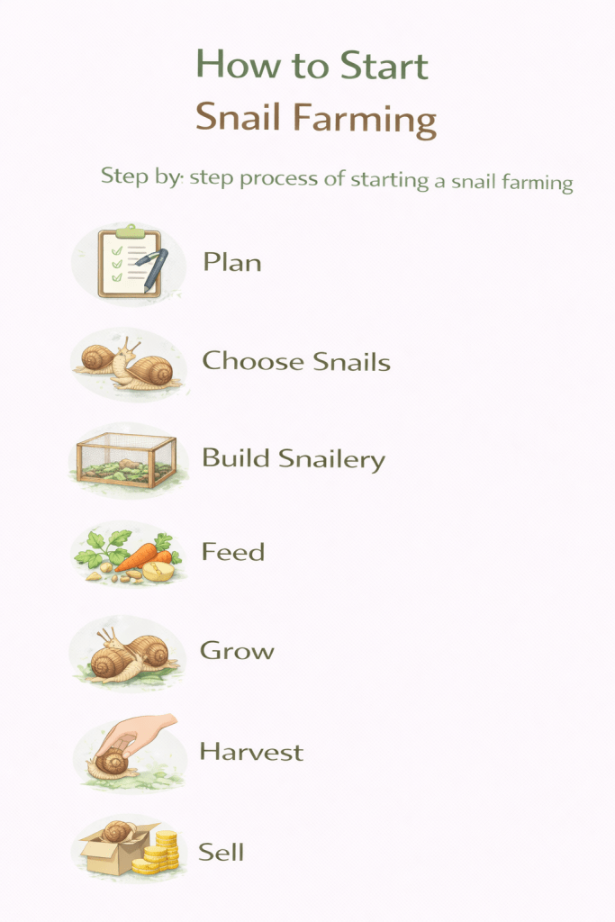 step by step guide on how to start snail farming including planning choosing snails building a snailery feeding growing and selling