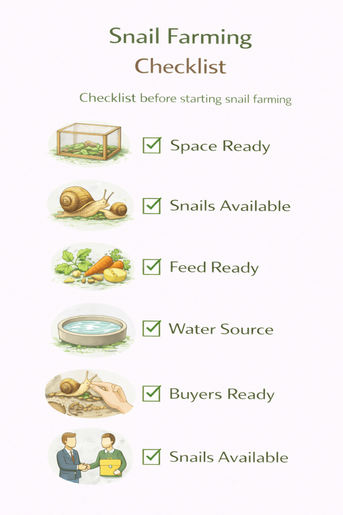 snail farming checklist showing space ready snails available feed ready water source and buyers ready