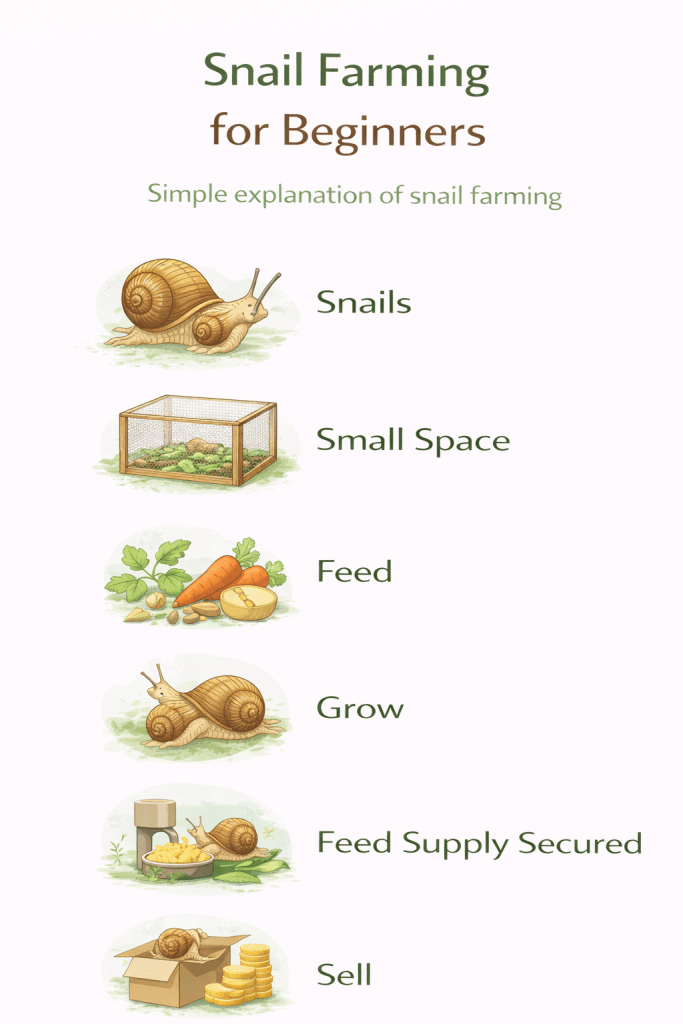 simple explanation of snail farming showing raising snails in a small space feeding them and selling for profit