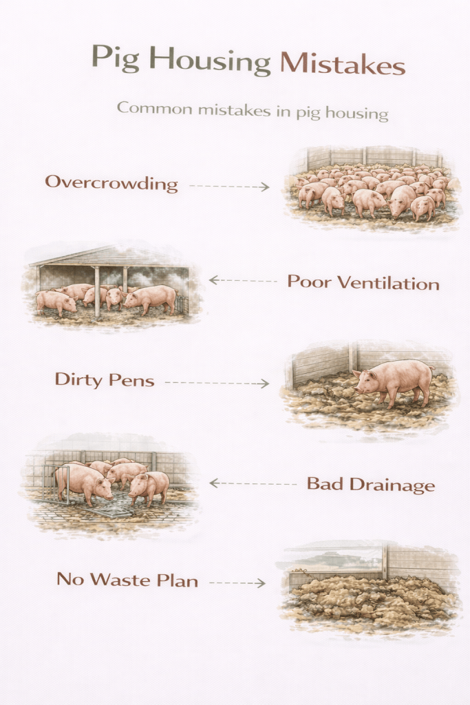 common mistakes in pig housing including overcrowding poor ventilation dirty pens and bad drainage