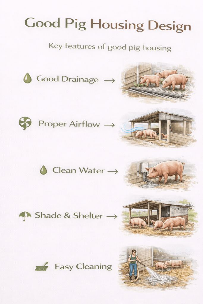 key features of good pig housing including proper drainage airflow clean water and protection from sun and rain