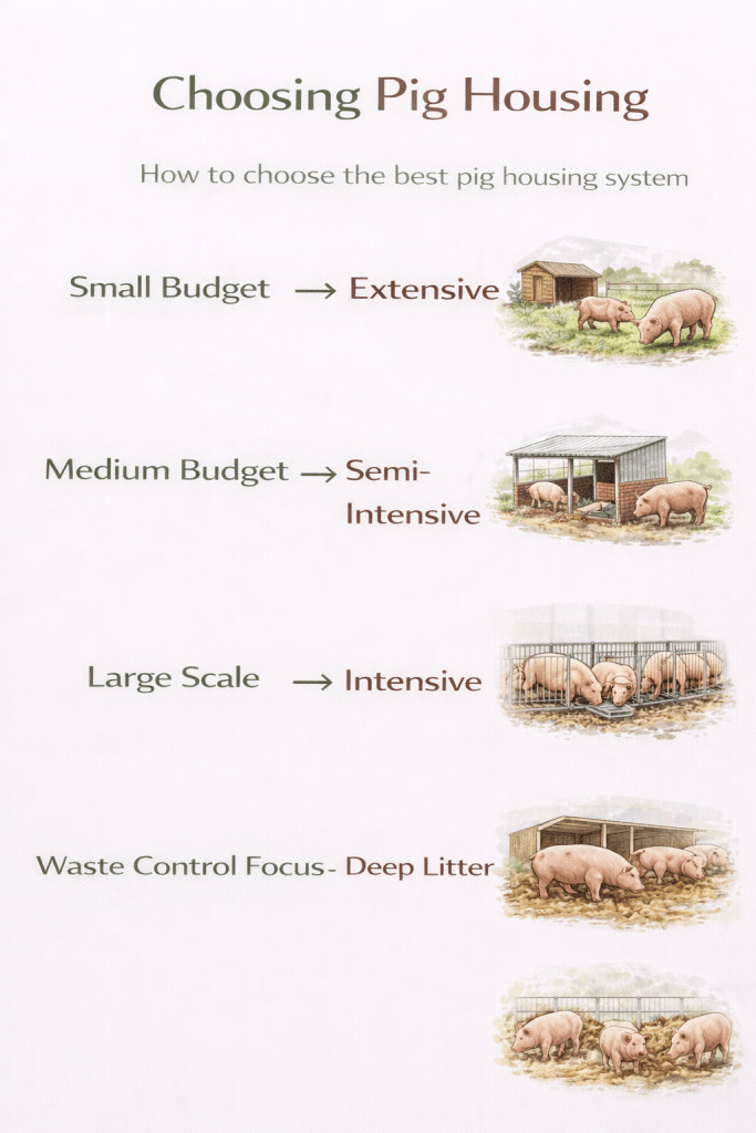guide showing how to choose the right pig housing system based on budget scale and waste management needs