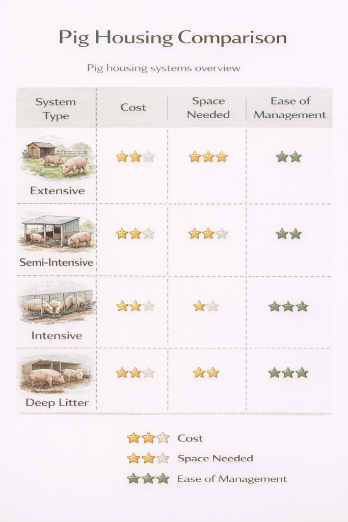 comparison chart of pig housing systems showing cost space needed and ease of management for extensive semi intensive intensive and deep litter systems