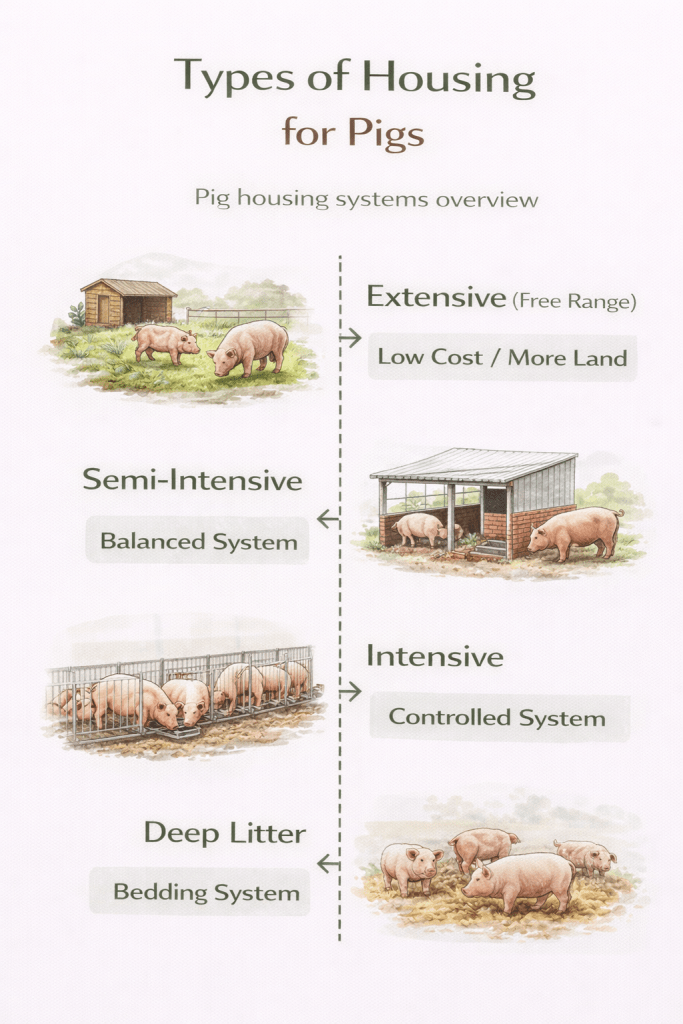 overview of types of housing for pigs including extensive semi intensive intensive and deep litter systems