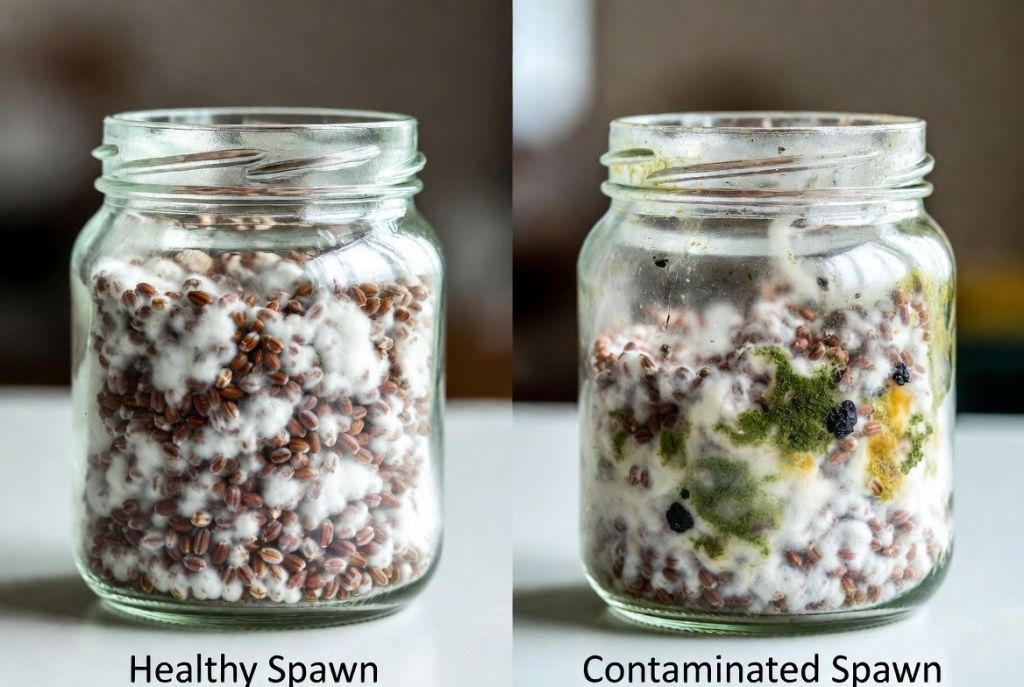 comparison of healthy mushroom grain spawn with white mycelium and contaminated spawn with green mold black spots and slimy texture