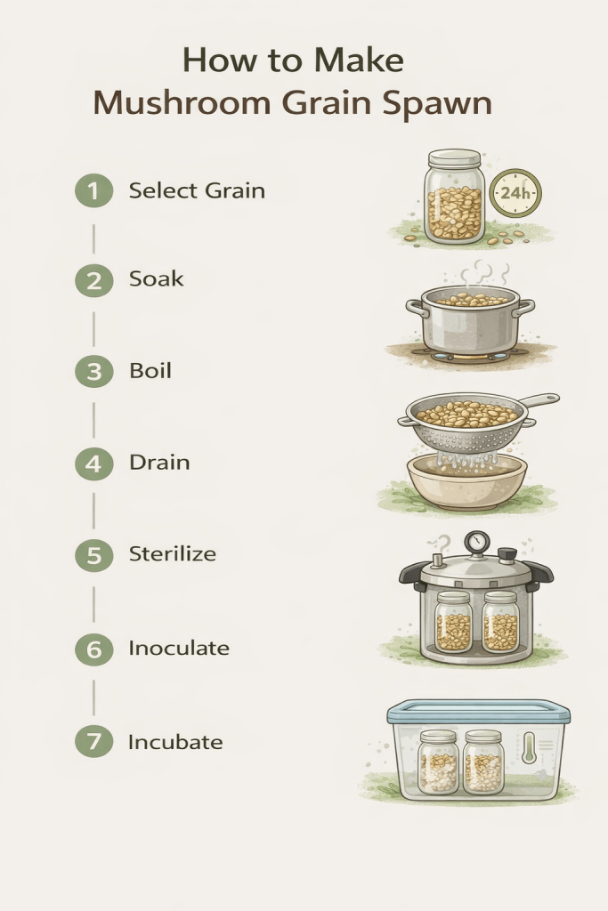 step by step process of making mushroom grain spawn including soaking boiling sterilizing inoculating and incubating grain
