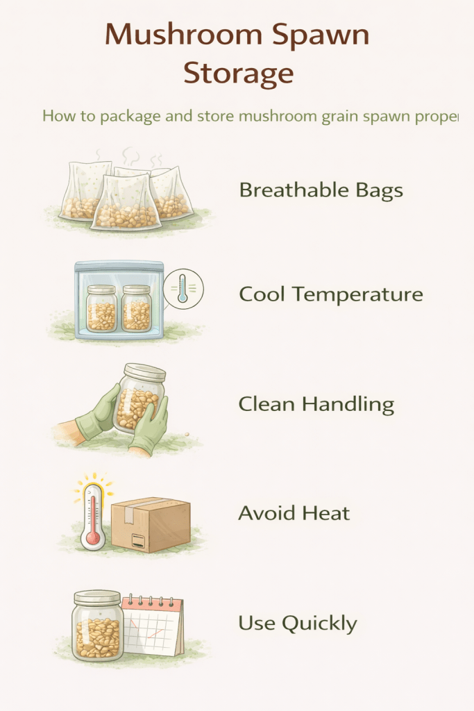 how to store and package mushroom grain spawn using breathable bags cool temperature and clean handling practices