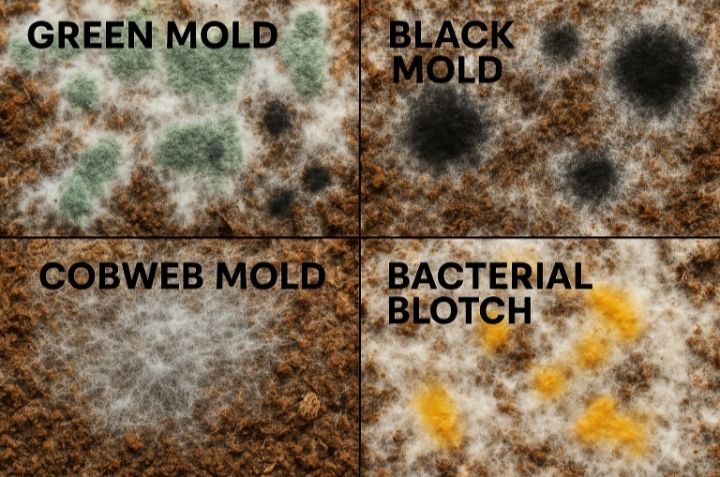 common signs of contaminated mushroom spawn including green mold black mold yellow discoloration sour smell and wet texture