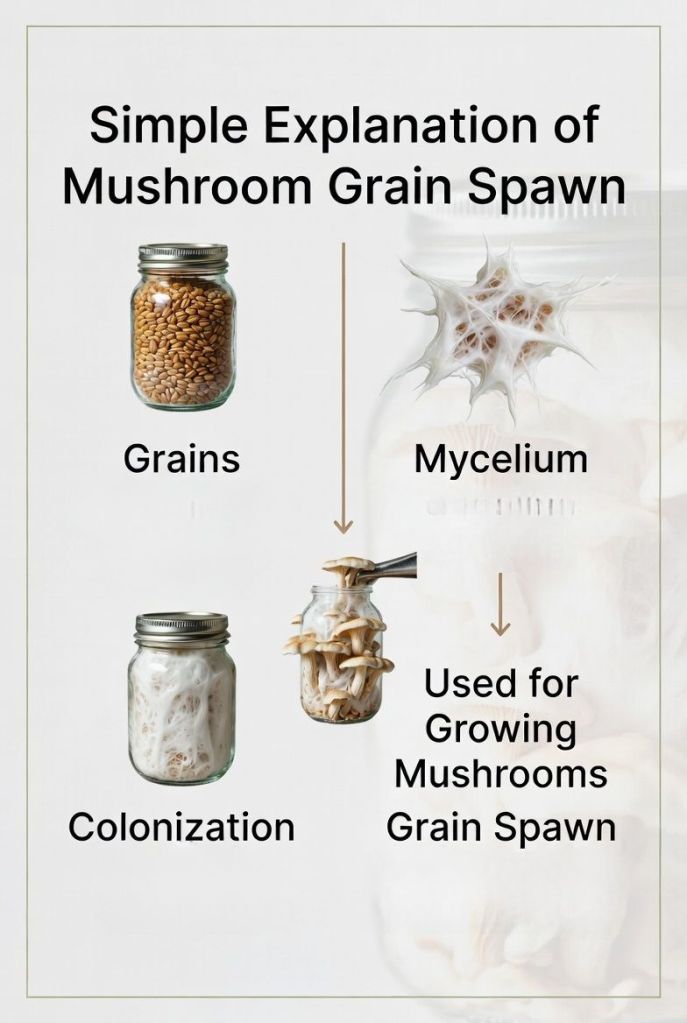 simple explanation of mushroom grain spawn showing grains colonized by mycelium used for growing mushrooms