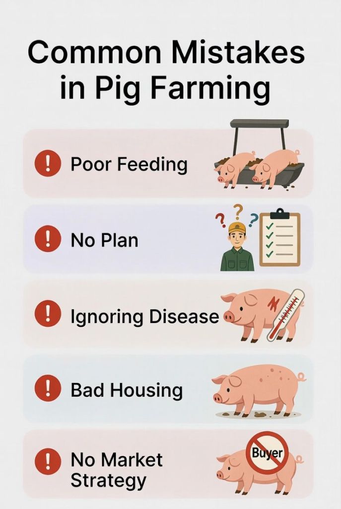 common pig farming mistakes such as poor feeding lack of planning disease management issues and poor housing