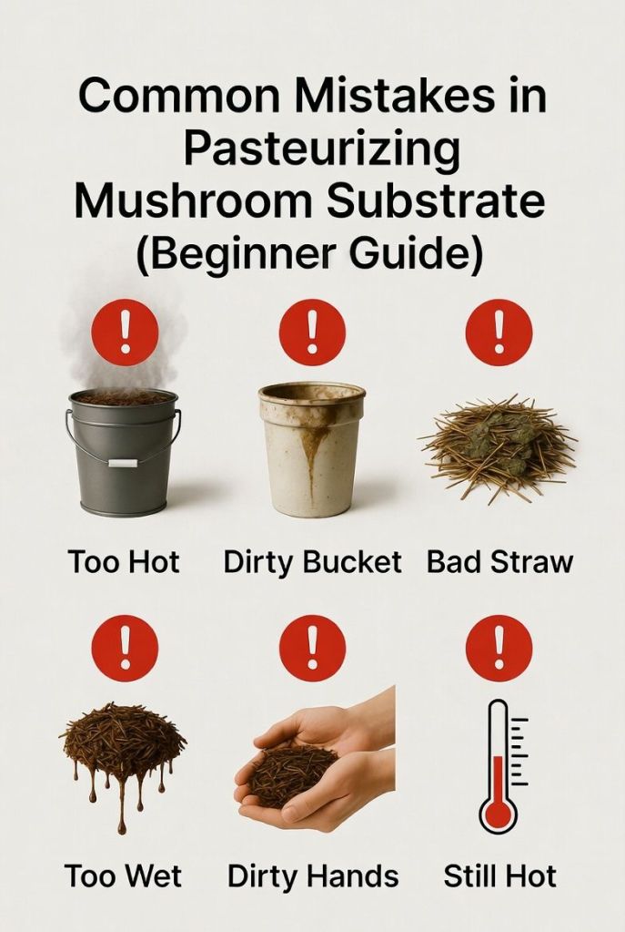 common mistakes beginners make when pasteurizing mushroom substrate such as too much water and poor hygiene