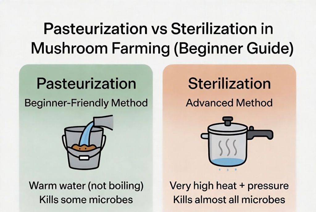 comparison between pasteurization and sterilization in mushroom farming for beginners