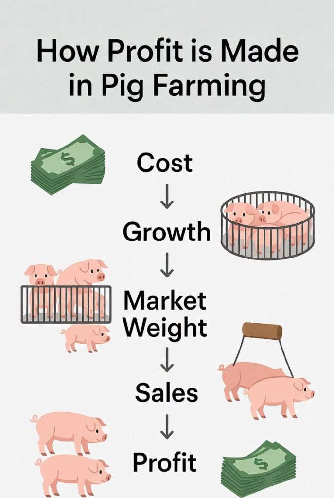 simple explanation of pig farming profit showing cost growth sales revenue and profit stages