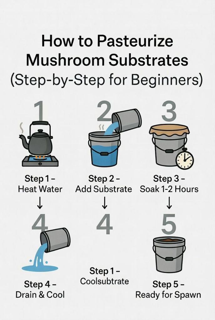 step-by-step guide showing how to pasteurize mushroom substrate using hot water for beginners