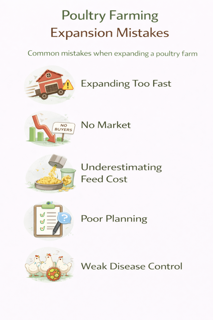 common mistakes when expanding a poultry farm including expanding too fast lack of market poor planning and weak disease control