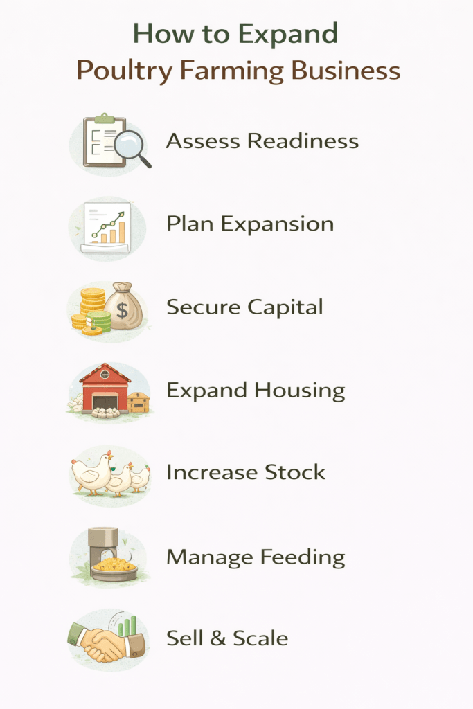 step by step process of expanding a poultry farming business from planning and housing expansion to increasing stock and selling