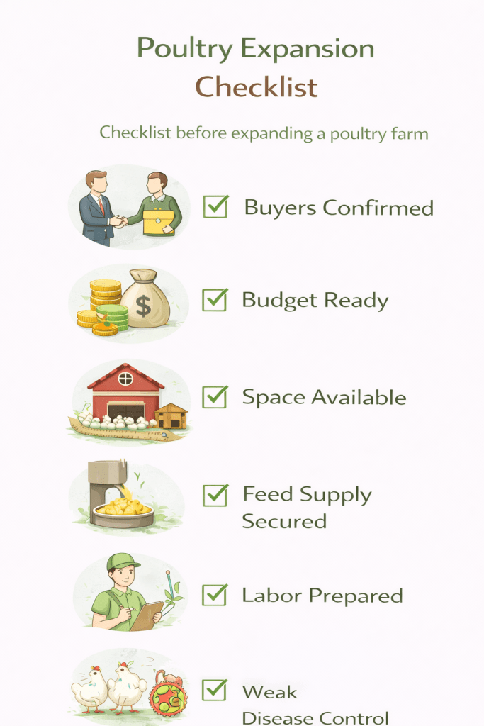 checklist for expanding a poultry farm including confirmed buyers budget readiness space availability feed supply and labor preparation