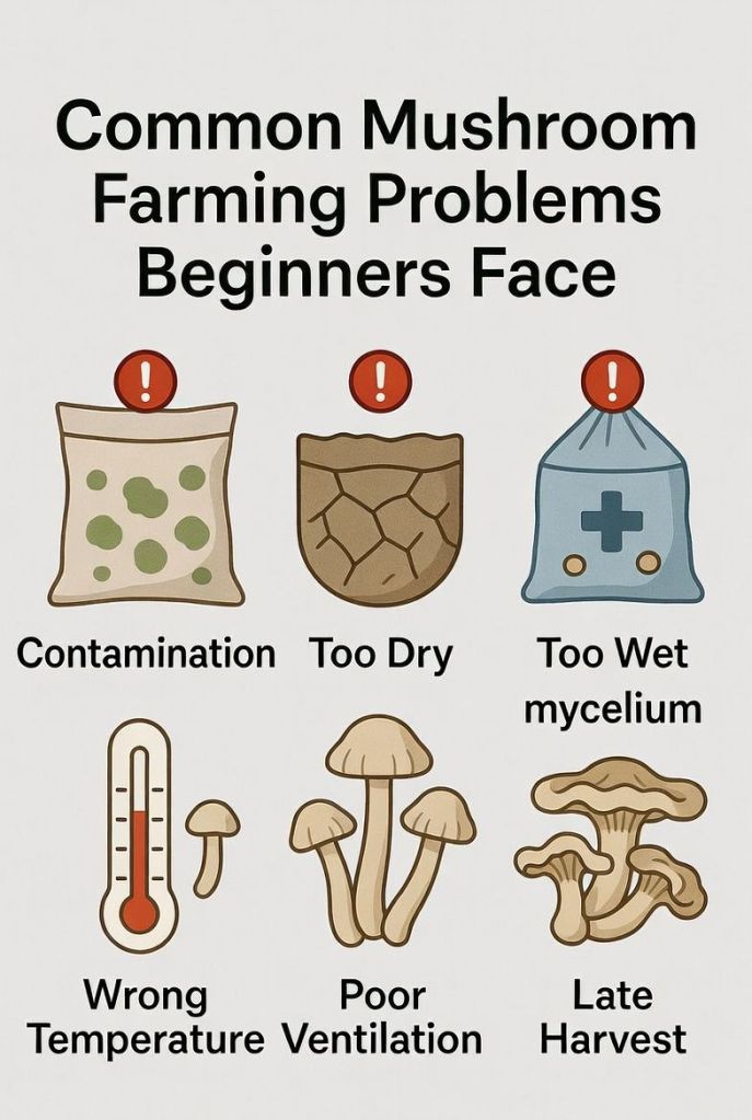 Mushroom growing problems infographic showing contamination, slow mycelium growth, poor fruiting, and low mushroom yield explained simply