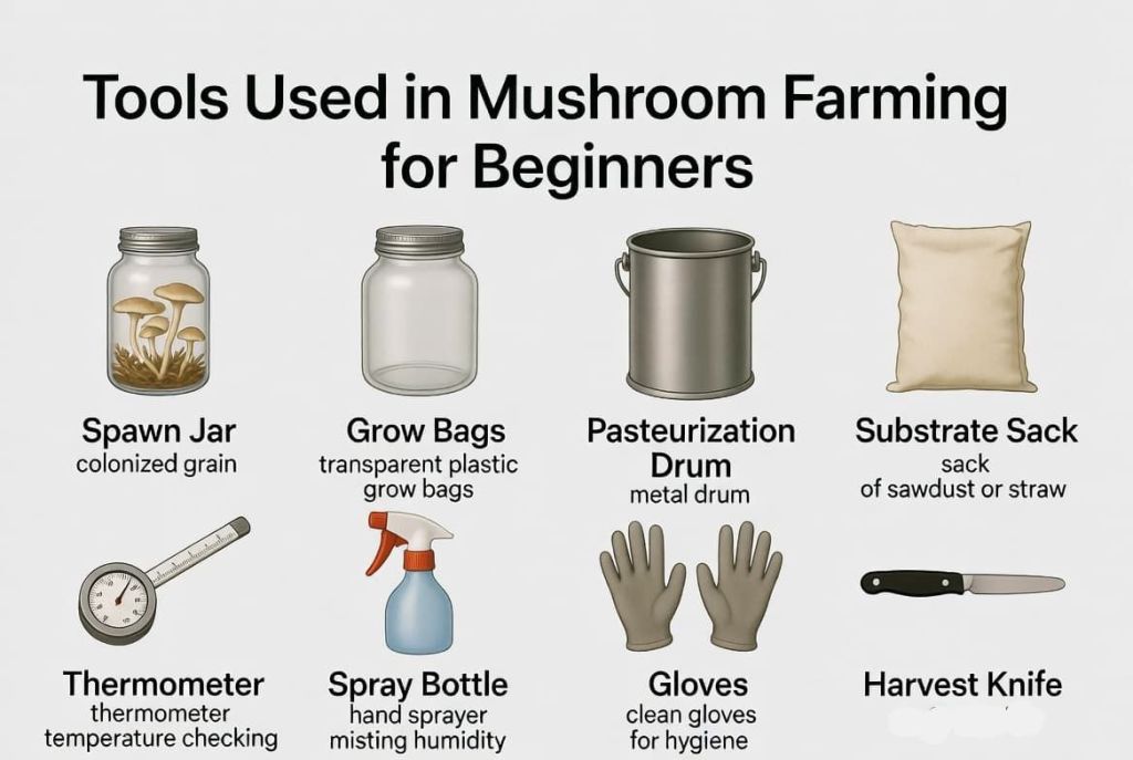 Beginner mushroom farming tools infographic showing grow bags, substrate, spawn, spray bottle, thermometer, and humidity control tools