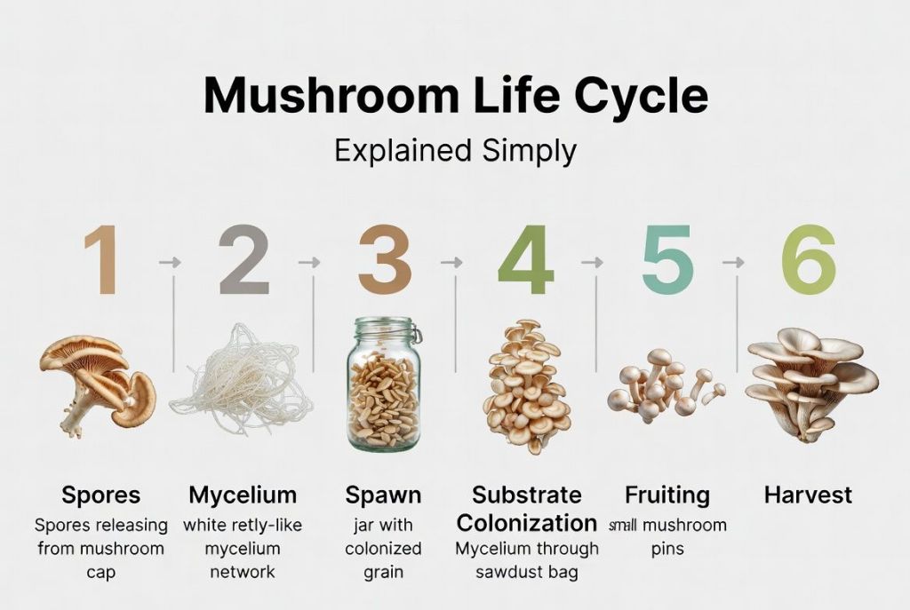 Mushroom life cycle diagram showing spores, mycelium growth, pinning stage, and fruiting mushrooms explained for beginners