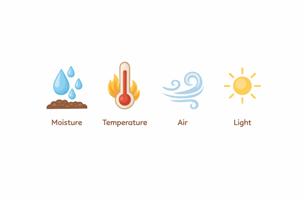 key conditions for mushroom growth including moisture, temperature, airflow, and light with icons