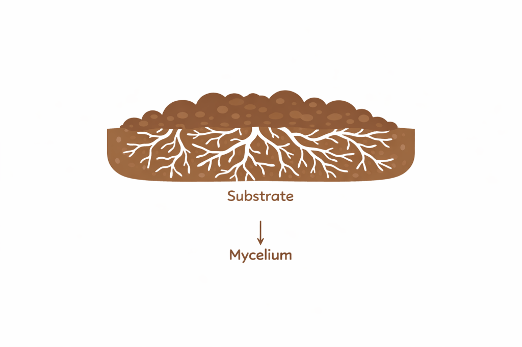 close-up illustration of mycelium network growing through substrate like soil or sawdust
