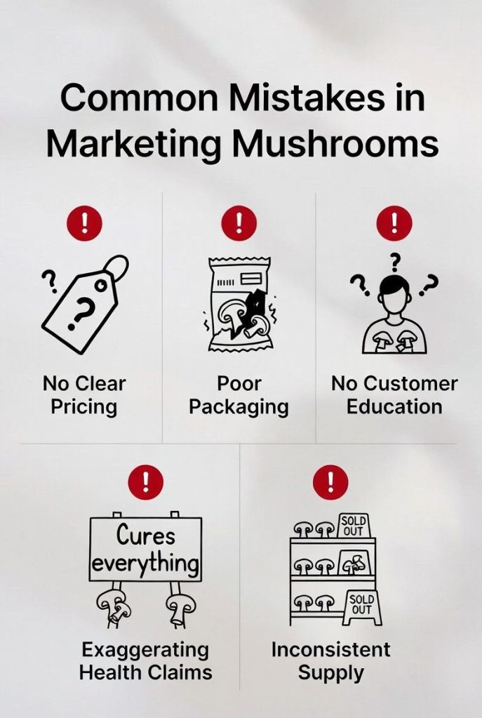 common mistakes in marketing mushrooms such as poor packaging wrong pricing and lack of customer education