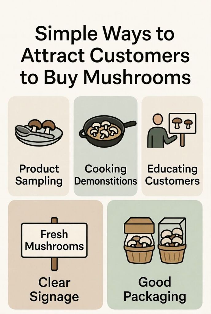 ways to attract customers for mushrooms including sampling education packaging and product display