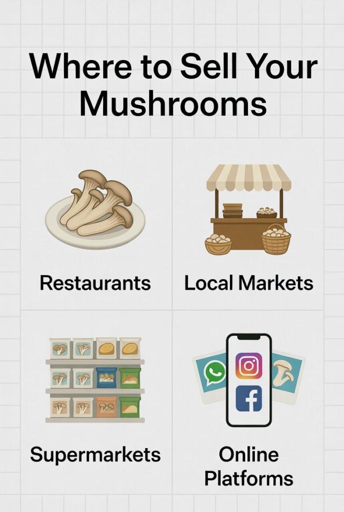 where mushroom farmers can sell mushrooms including restaurants, markets, supermarkets and online platforms
