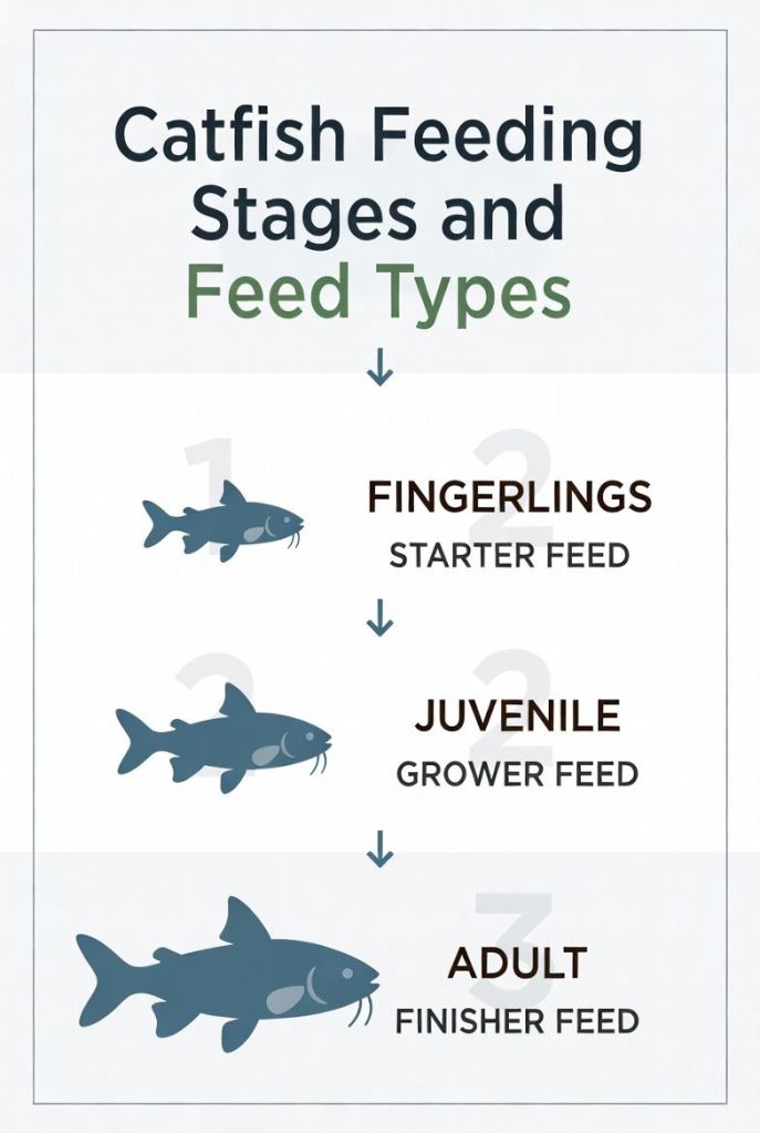 catfish feeding stages showing fingerlings juvenile and adult fish with starter grower and finisher feed