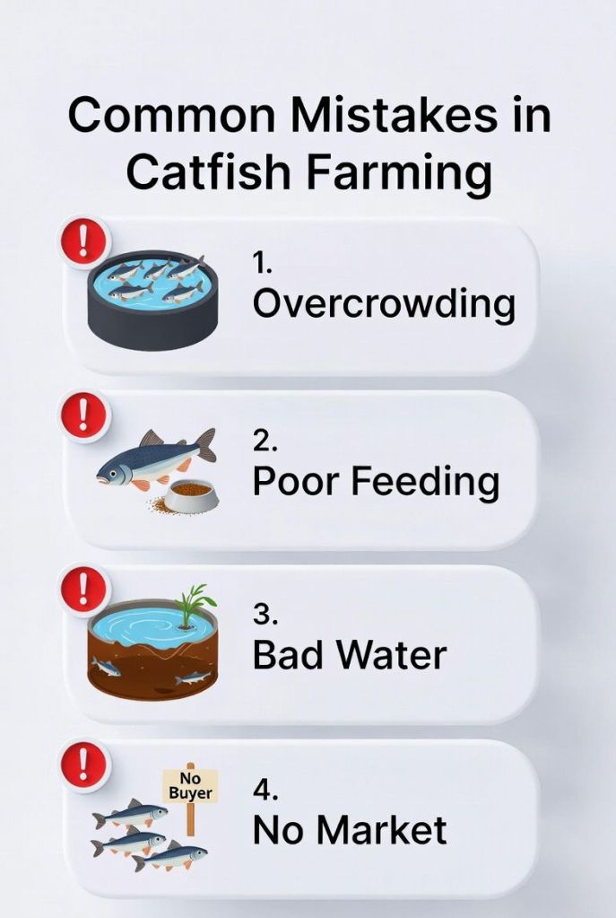 common mistakes in catfish farming such as overcrowding poor feeding bad water management and lack of market plan