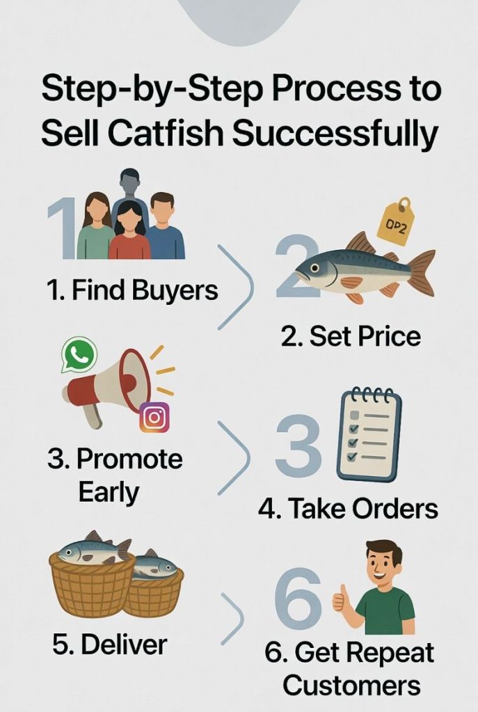 step by step process showing how to sell catfish from finding buyers to delivery and repeat customers