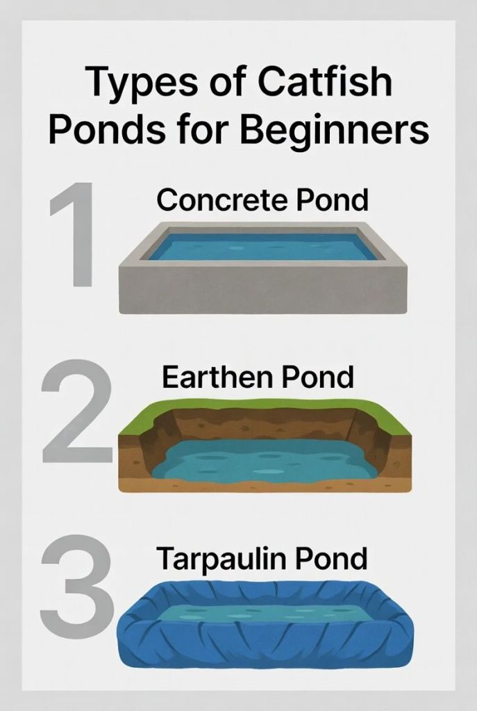 different types of catfish ponds including concrete earthen and tarpaulin ponds for beginners