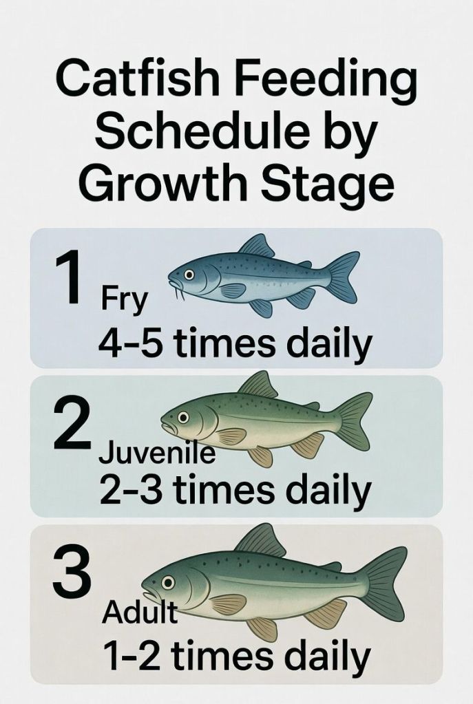 catfish feeding schedule showing how often to feed fry juvenile and adult fish at different growth stages