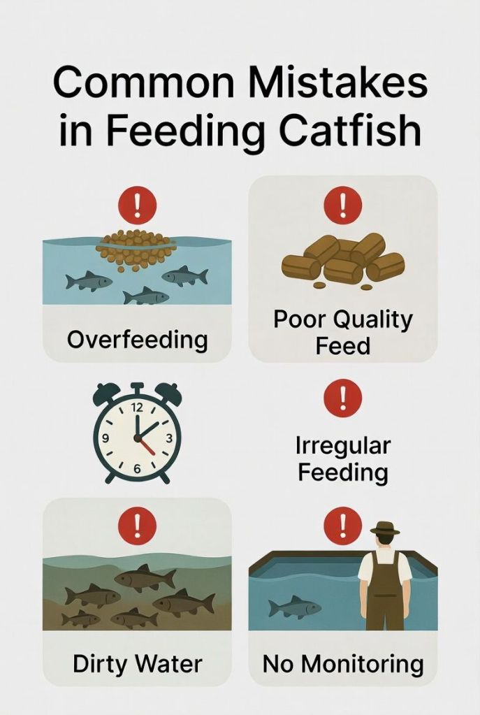 common mistakes in feeding catfish including overfeeding poor quality feed irregular feeding and poor water management