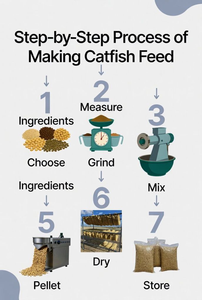 step by step process of making catfish feed including ingredient selection grinding mixing pelleting drying and storage