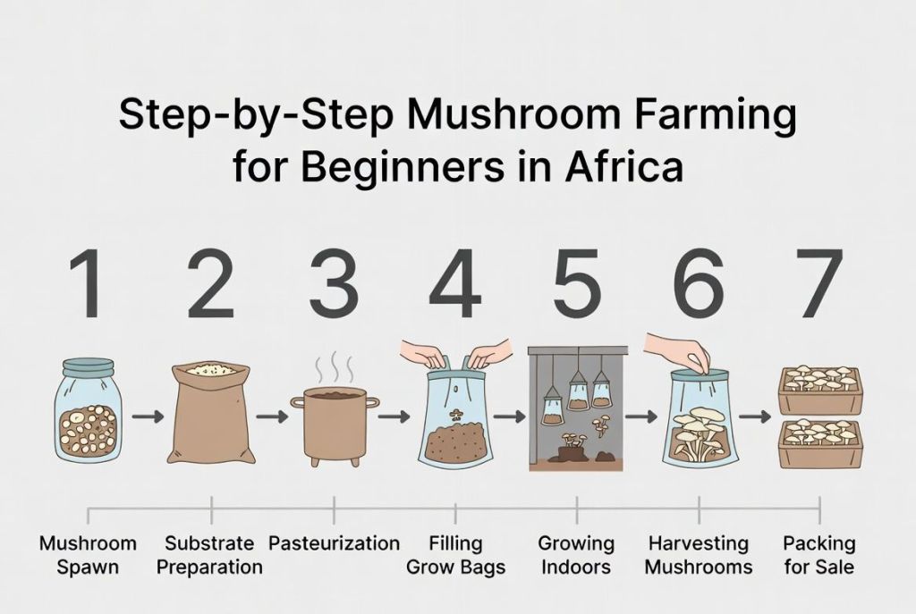 step-by-step mushroom farming process for beginners in Africa showing substrate preparation, pasteurization, growing and harvesting mushrooms
