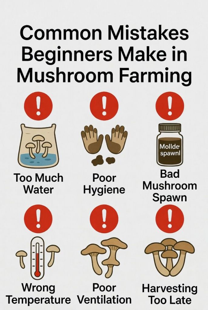 common mistakes beginners make in mushroom farming such as poor hygiene, too much water and using bad mushroom spawn