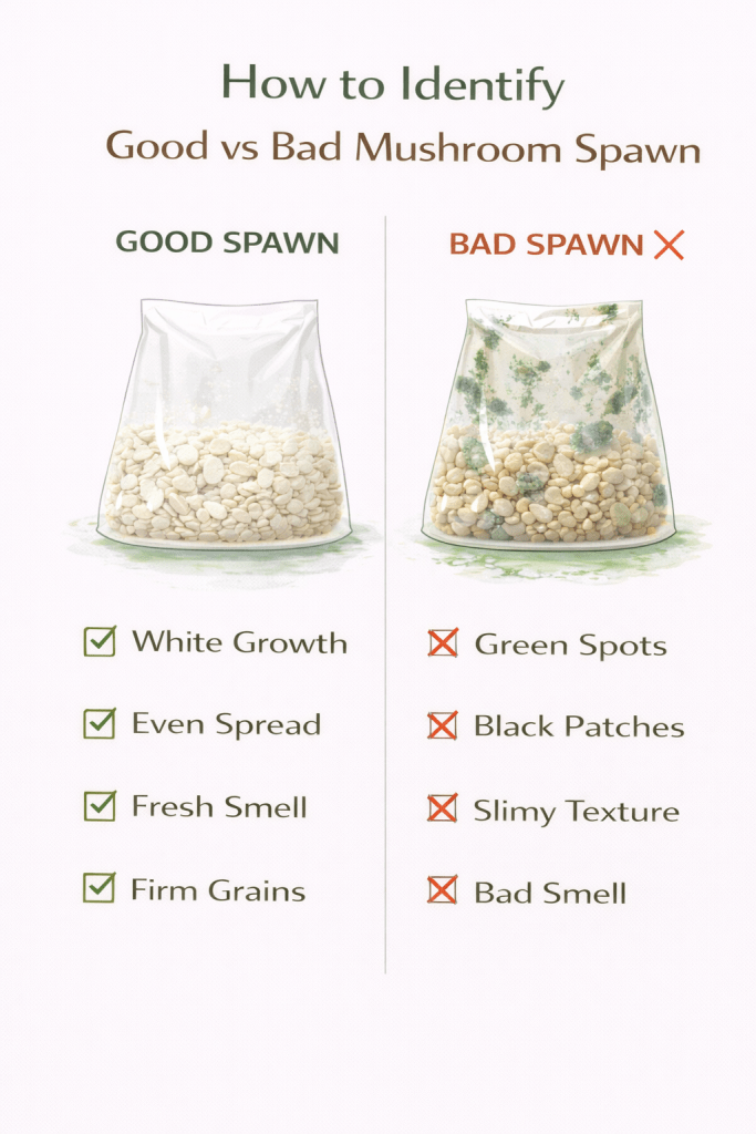 comparison of good mushroom spawn with white mycelium and bad spawn showing green mold black spots and slimy grains