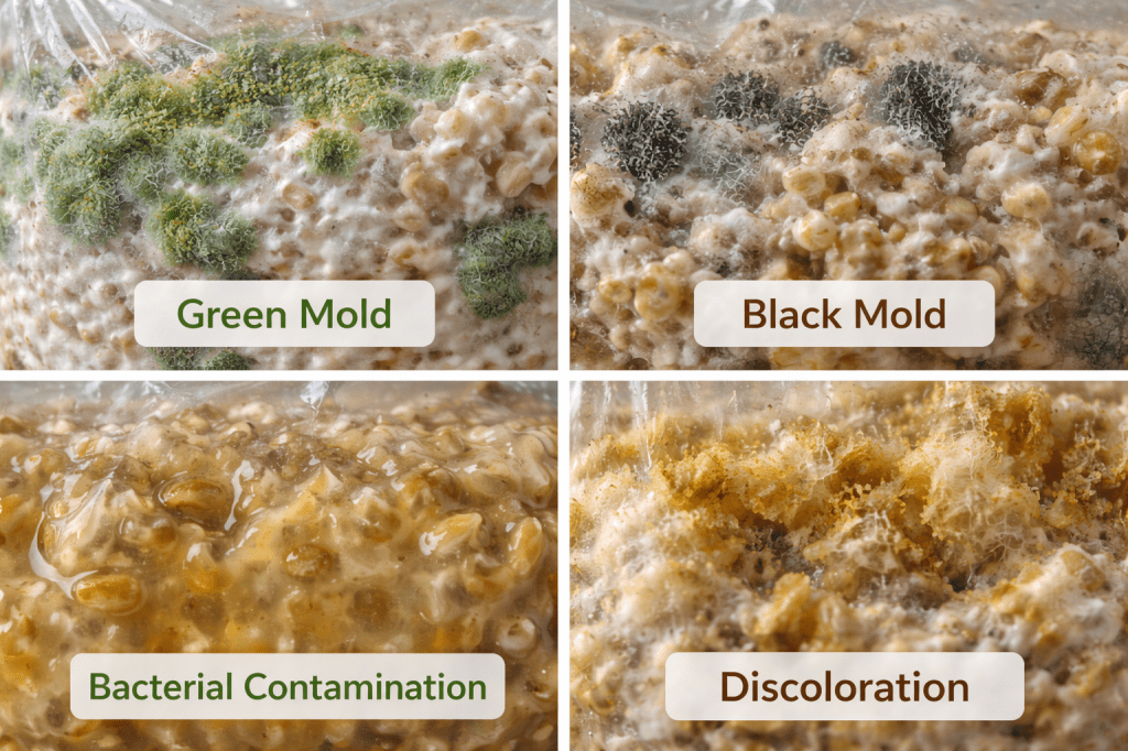 different types of mushroom spawn contamination including green mold black mold bacterial contamination and yellow discoloration