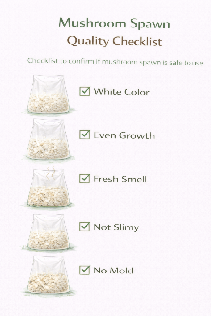 checklist to identify good mushroom spawn including white color even growth fresh smell and no mold