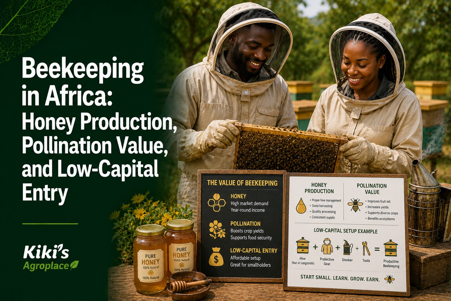 Beehives in an African apiary illustrating honey production and low-capital beekeeping entry