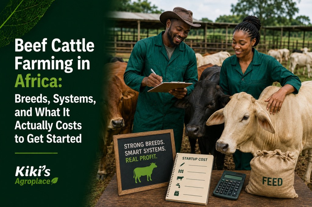 Beef cattle grazing on African rangeland, representing breed and production system choices for beef farming