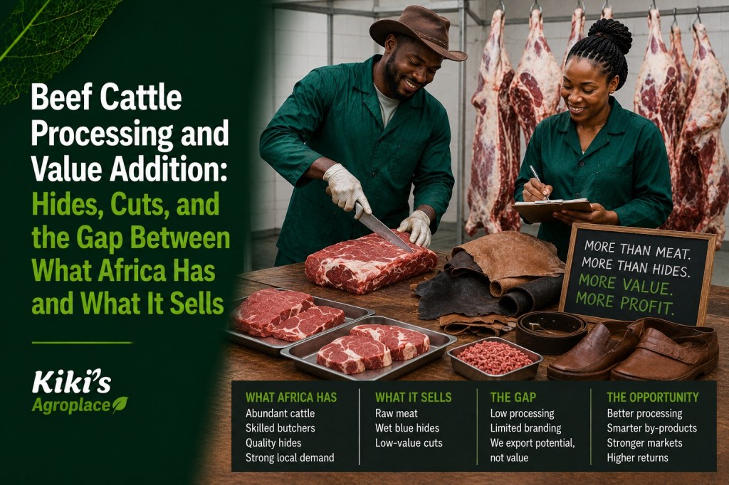 Cattle hide drying alongside cuts of beef, illustrating processing and value addition beyond live animal sales