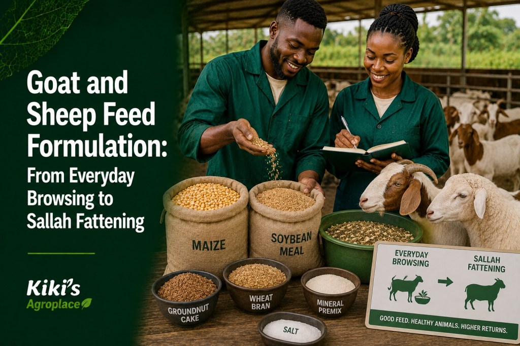 Goats and sheep feeding on browse and forage, illustrating everyday feed formulation and Sallah fattening rations