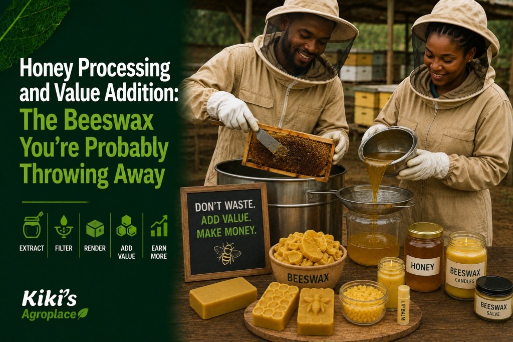 Jars of honey alongside blocks of rendered beeswax, illustrating honey processing and value addition