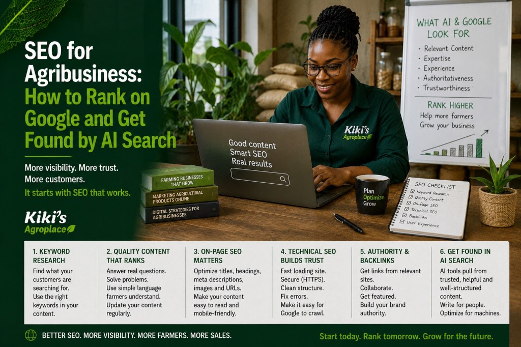 Google search results page illustrating SEO and AI search visibility strategies for agribusiness