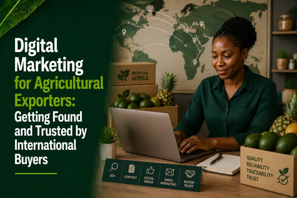 Exporter reviewing shipment documents and a laptop, representing digital marketing for agricultural exporters in Nigeria, Kenya, and Ghana